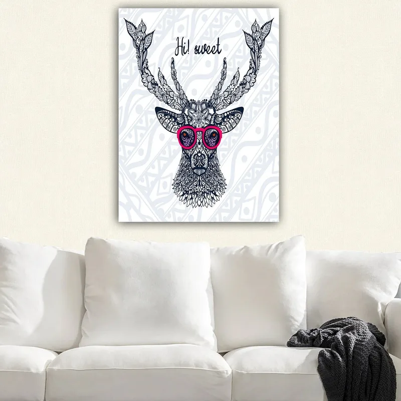 Lerretsbilde 70x100 cm - Stilisert elg med briller og dekorative detaljer, Mørk blå / Rosa