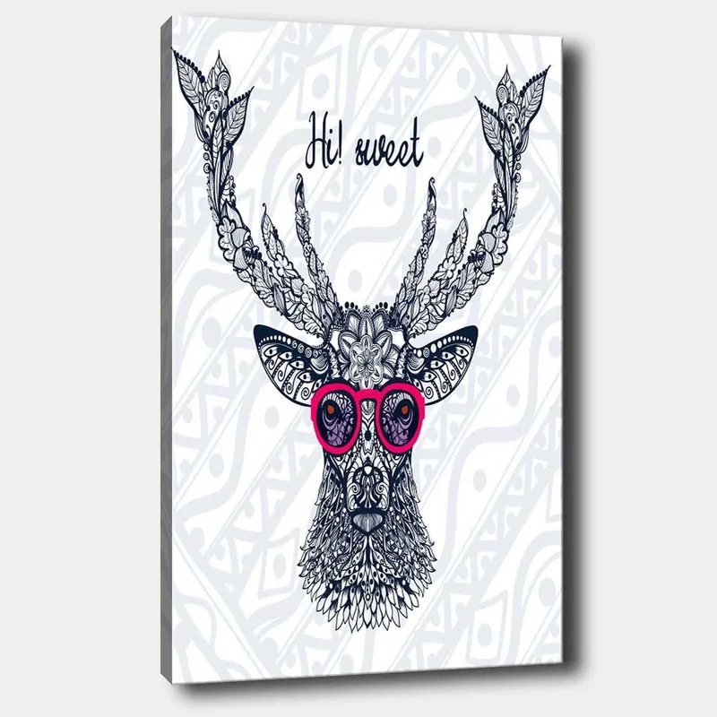 Lerretsbilde 70x100 cm - Stilisert elg med briller og dekorative detaljer - Mørk blå / Rosa - Innredning - Bilder & kunst - Lerretsbilder