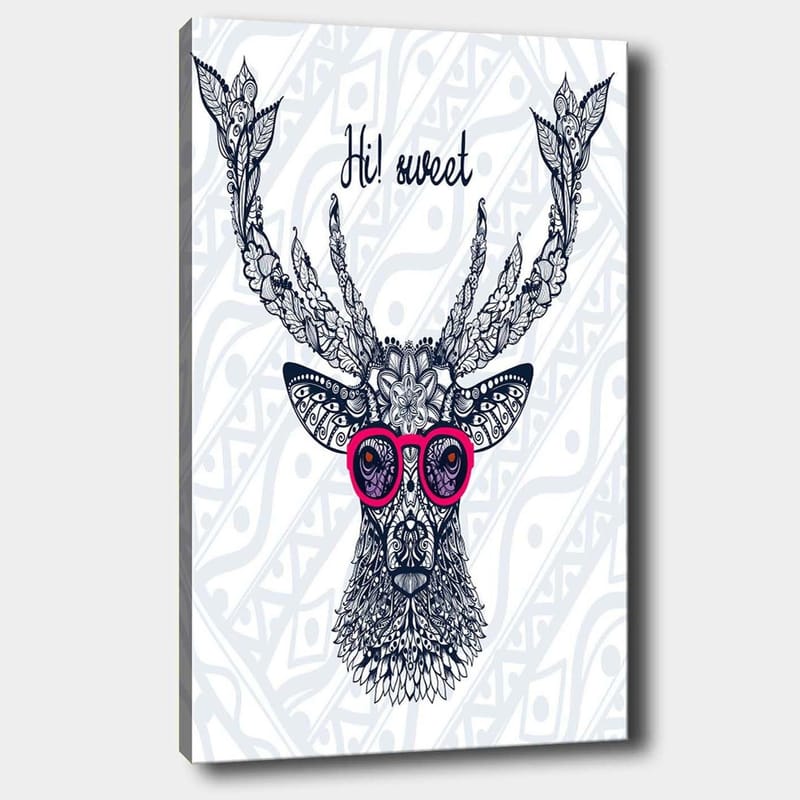 Lerretsbilde 70x100 cm - Stilisert elg med briller og dekorative detaljer - Mørk blå / Rosa - Innredning - Bilder & kunst - Lerretsbilder