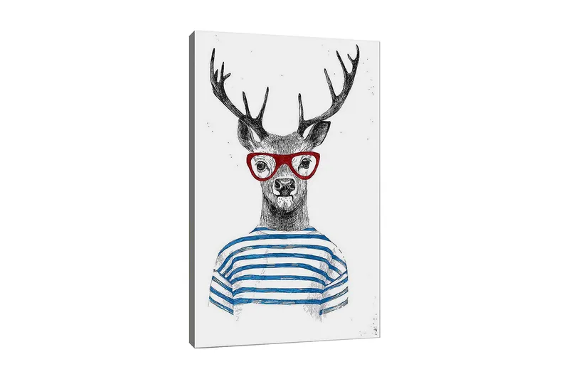 Lerretsbilde 70x100 cm - Stilisert elg med briller og stripete genser, Svart / Rød / Blå