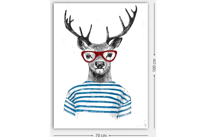Lerretsbilde 70x100 cm - Stilisert elg med briller og stripete genser - Svart / Rød / Blå - Innredning - Bilder & kunst - Lerretsbilder