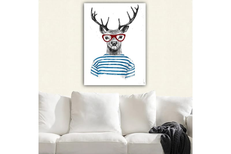 Lerretsbilde 70x100 cm - Stilisert elg med briller og stripete genser - Svart / Rød / Blå - Innredning - Bilder & kunst - Lerretsbilder