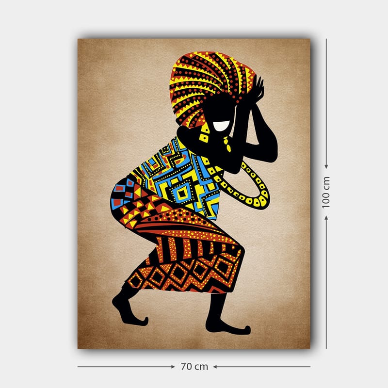 Lerretsbilde 70x100 cm - Stilisert figur med fargerike mønstre som danser med et stort hodeplagg - Svart / Rød / Blå - Innredning - Bilder & kunst - Lerretsbilder
