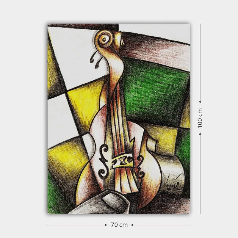 Lerretsbilde 70x100 cm - Stilisert fiolin i en fargerik komposisjon - Grønn / Gul / Brun - Innredning - Bilder & kunst - Lerretsbilder