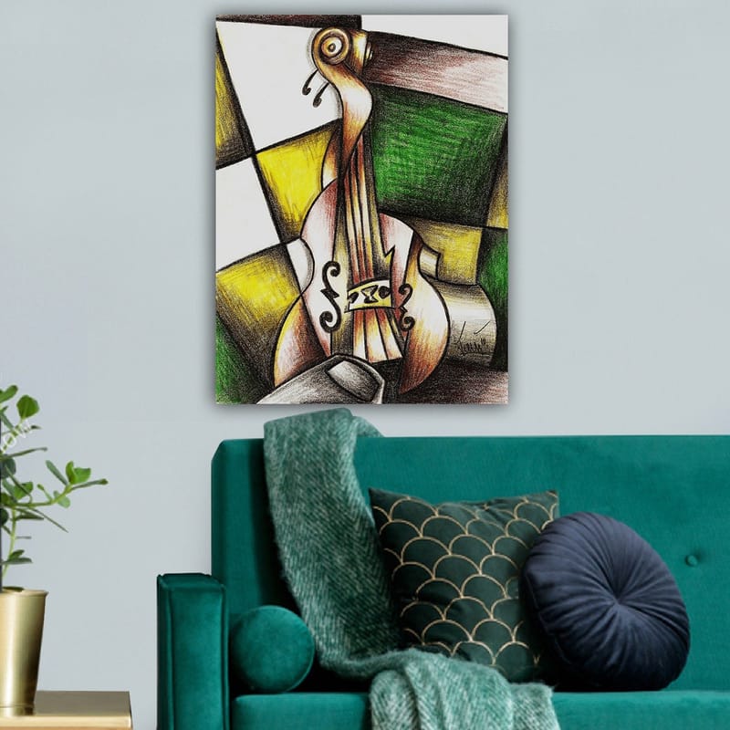 Lerretsbilde 70x100 cm - Stilisert fiolin i en fargerik komposisjon - Grønn / Gul / Brun - Innredning - Bilder & kunst - Lerretsbilder