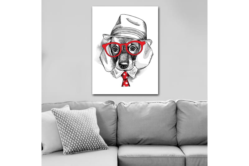 Lerretsbilde 70x100 cm - Stilisert hund i en kledd hatt og briller, med et rødt slips med hvite prikker - Rød / Svart / Hvit - Innredning - Bilder & kunst - Lerretsbilder