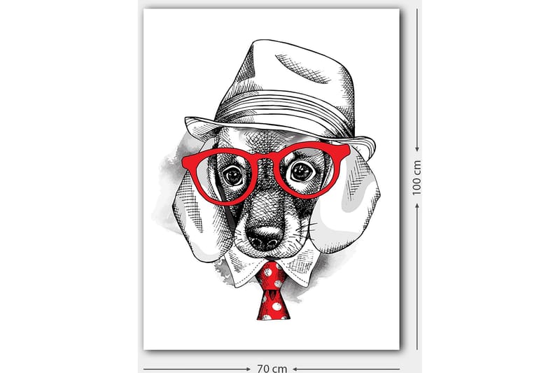 Lerretsbilde 70x100 cm - Stilisert hund i en kledd hatt og briller, med et rødt slips med hvite prikker - Rød / Svart / Hvit - Innredning - Bilder & kunst - Lerretsbilder