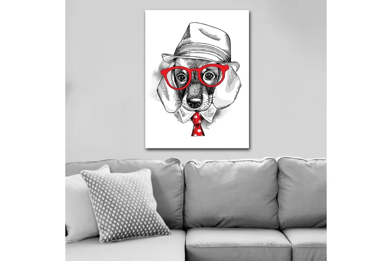 Lerretsbilde 70x100 cm - Stilisert hund i en kledd hatt og briller, med et rødt slips med hvite prikker - Rød / Svart / Hvit - Innredning - Bilder & kunst - Lerretsbilder