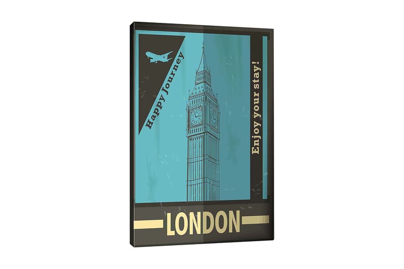 Lerretsbilde 70x100 cm - Stilisert illustrasjon av Big Ben med et retro reiseinspirert design - Turkis / Svart / Gull - Innredning - Bilder & kunst - Lerretsbilder