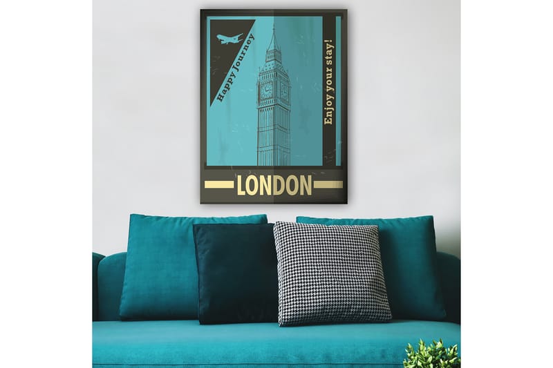 Lerretsbilde 70x100 cm - Stilisert illustrasjon av Big Ben med et retro reiseinspirert design - Turkis / Svart / Gull - Innredning - Bilder & kunst - Lerretsbilder