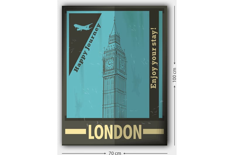 Lerretsbilde 70x100 cm - Stilisert illustrasjon av Big Ben med et retro reiseinspirert design - Turkis / Svart / Gull - Innredning - Bilder & kunst - Lerretsbilder