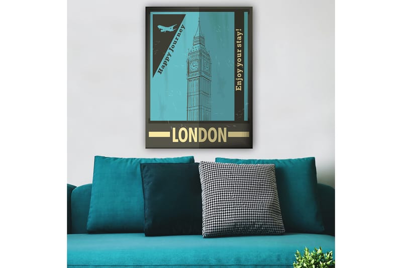 Lerretsbilde 70x100 cm - Stilisert illustrasjon av Big Ben med et retro reiseinspirert design - Turkis / Svart / Gull - Innredning - Bilder & kunst - Lerretsbilder