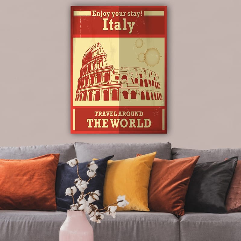 Lerretsbilde 70x100 cm - Stilisert illustrasjon av Colosseum i Roma med en rød og beige fargepalett - Rød / Beige - Innredning - Bilder & kunst - Lerretsbilder