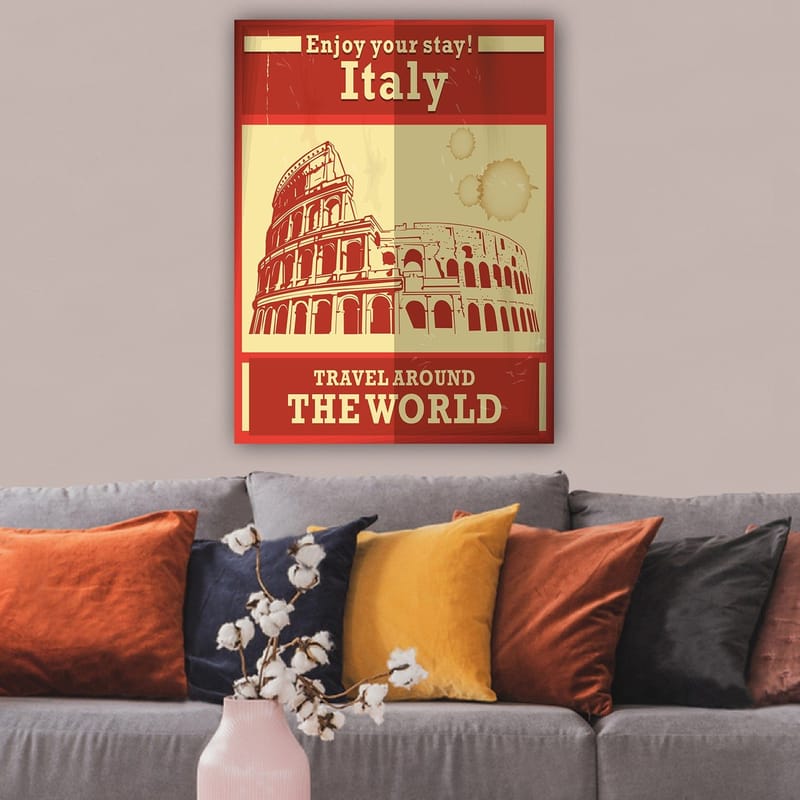 Lerretsbilde 70x100 cm - Stilisert illustrasjon av Colosseum i Roma med en rød og beige fargepalett - Rød / Beige - Innredning - Bilder & kunst - Lerretsbilder