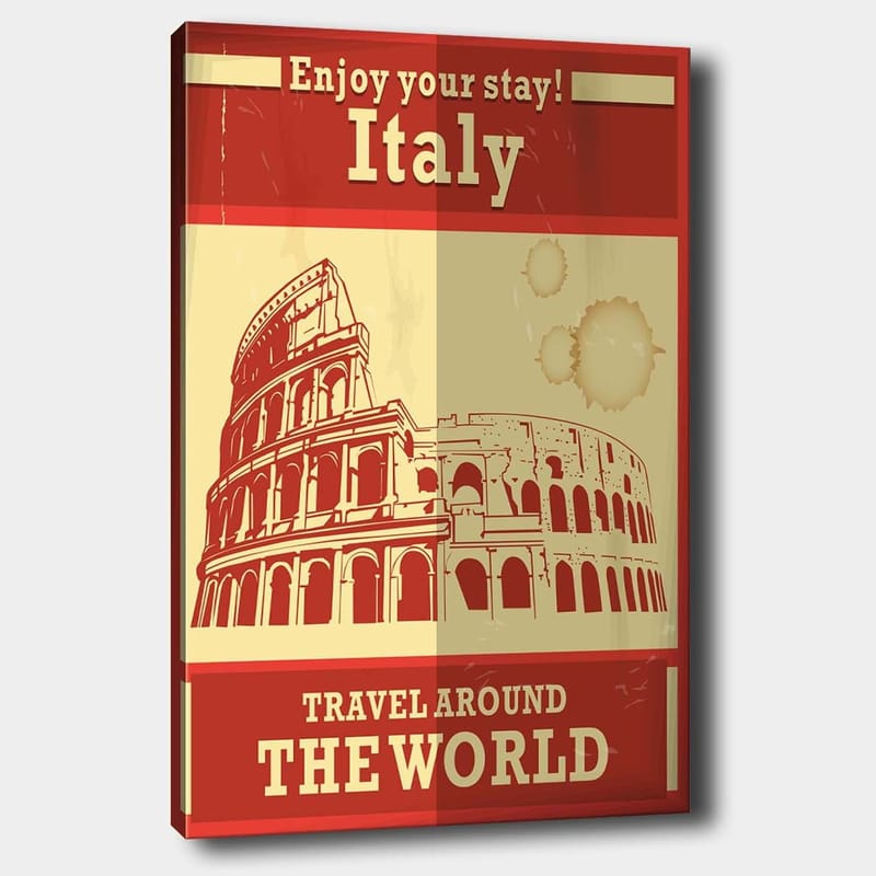 Lerretsbilde 70x100 cm - Stilisert illustrasjon av Colosseum i Roma med en rød og beige fargepalett, Rød / Beige