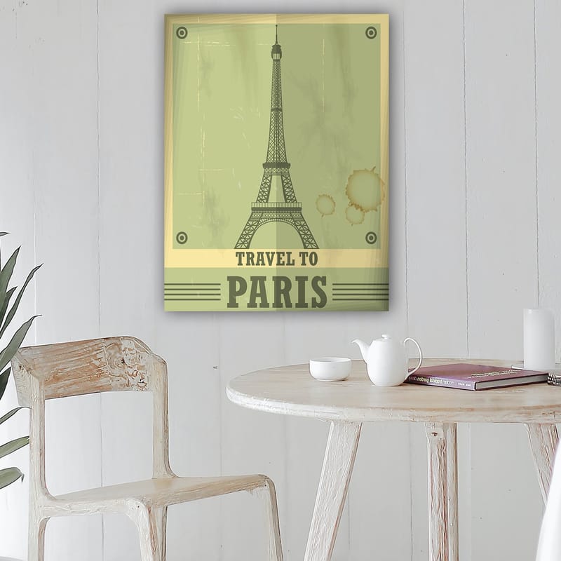Lerretsbilde 70x100 cm - Stilisert illustrasjon av Eiffeltårnet med et vintage-preg - Grønn / Beige - Innredning - Bilder & kunst - Lerretsbilder
