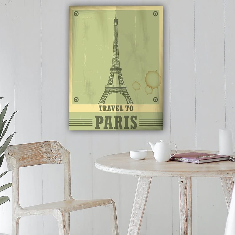 Lerretsbilde 70x100 cm - Stilisert illustrasjon av Eiffeltårnet med et vintage-preg - Grønn / Beige - Innredning - Bilder & kunst - Lerretsbilder