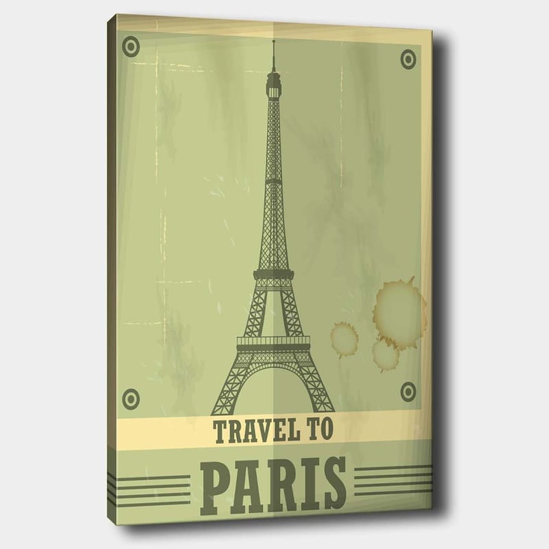 Lerretsbilde 70x100 cm - Stilisert illustrasjon av Eiffeltårnet med et vintage-preg, Grønn / Beige