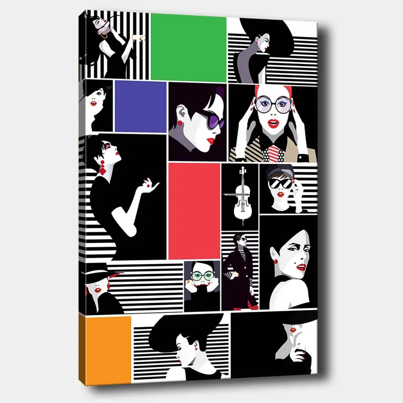 Lerretsbilde 70x100 cm - Stilisert kollasj av moteikoner med sterke uttrykk og diverse tilbehør, Svart / Rød / Grønn
