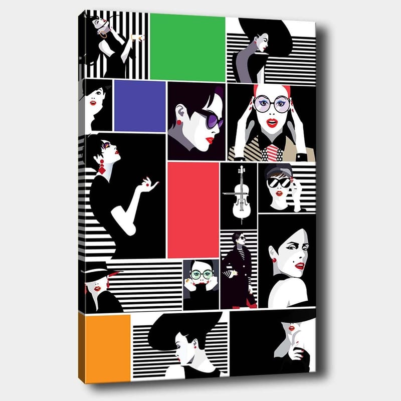 Lerretsbilde 70x100 cm - Stilisert kollasj av moteikoner med sterke uttrykk og diverse tilbehør, Svart / Rød / Grønn