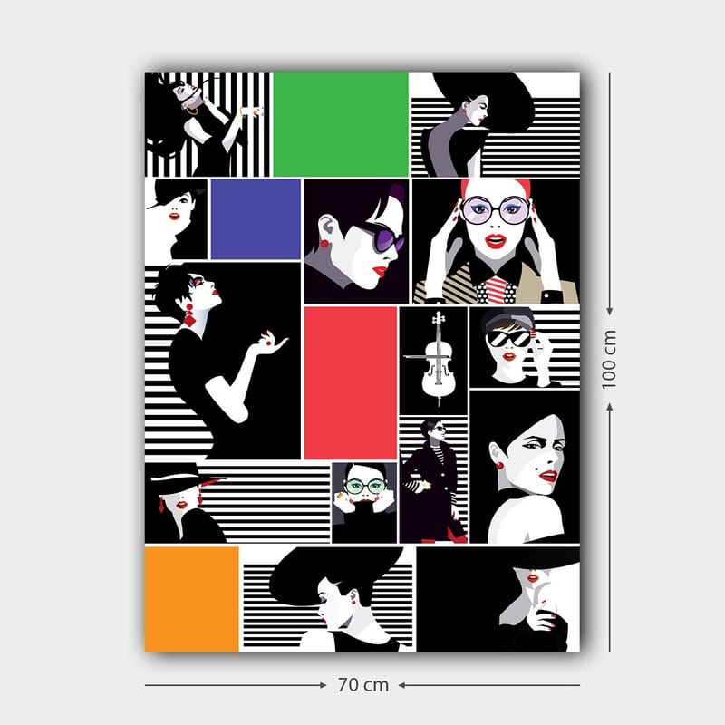 Lerretsbilde 70x100 cm - Stilisert kollasj av moteikoner med sterke uttrykk og diverse tilbehør - Svart / Rød / Grønn - Innredning - Bilder & kunst - Lerretsbilder