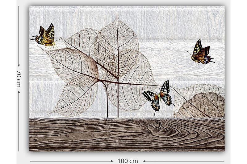 Lerretsbilde 70x100 cm - Stilisert komposisjon av sommerfugler som svever over gjennomskinnelige blader på en treflate - Beige / Brun / Svart - Innredning - Bilder & kunst - Lerretsbilder