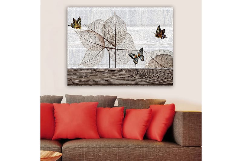 Lerretsbilde 70x100 cm - Stilisert komposisjon av sommerfugler som svever over gjennomskinnelige blader på en treflate - Beige / Brun / Svart - Innredning - Bilder & kunst - Lerretsbilder