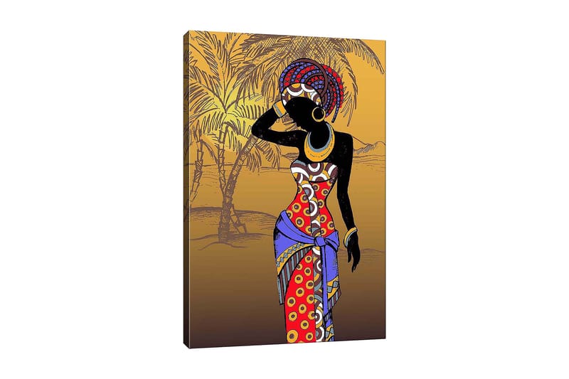 Lerretsbilde 70x100 cm - Stilisert kvinne i fargerike klær poserer med hånden i ansiktet, Rød / Blå / Svart