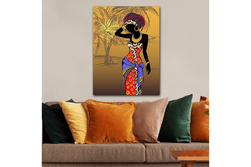 Lerretsbilde 70x100 cm - Stilisert kvinne i fargerike klær poserer med hånden i ansiktet - Rød / Blå / Svart - Innredning - Bilder & kunst - Lerretsbilder