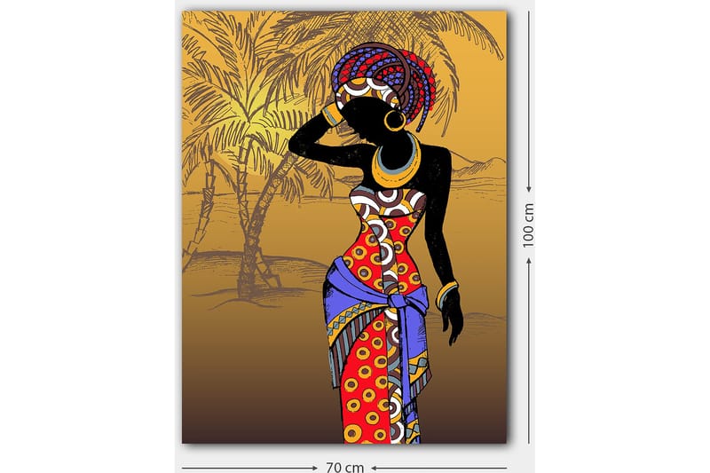 Lerretsbilde 70x100 cm - Stilisert kvinne i fargerike klær poserer med hånden i ansiktet - Rød / Blå / Svart - Innredning - Bilder & kunst - Lerretsbilder