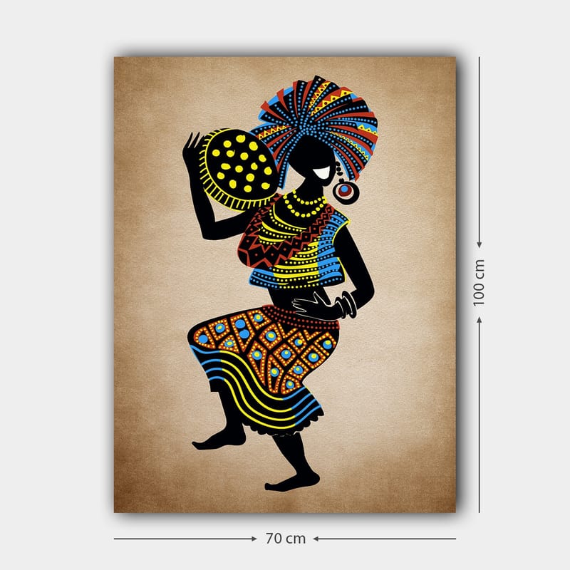 Lerretsbilde 70x100 cm - Stilisert kvinne i tradisjonell kjole med stort hodeplagg og en bolle med prikker - Svart / Blå / Oransje - Innredning - Bilder & kunst - Lerretsbilder
