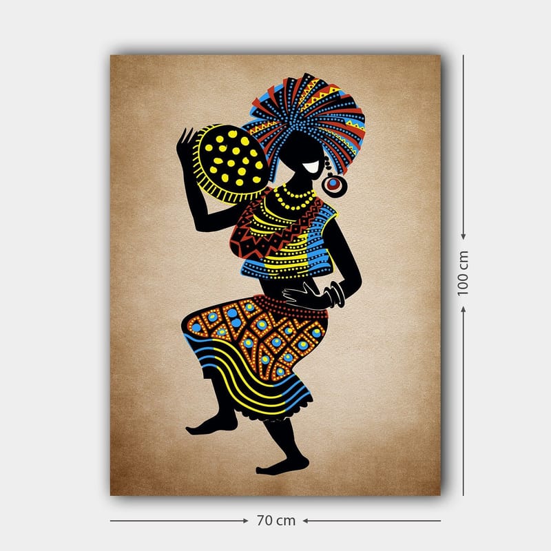 Lerretsbilde 70x100 cm - Stilisert kvinne i tradisjonell kjole med stort hodeplagg og en bolle med prikker - Svart / Blå / Oransje - Innredning - Bilder & kunst - Lerretsbilder
