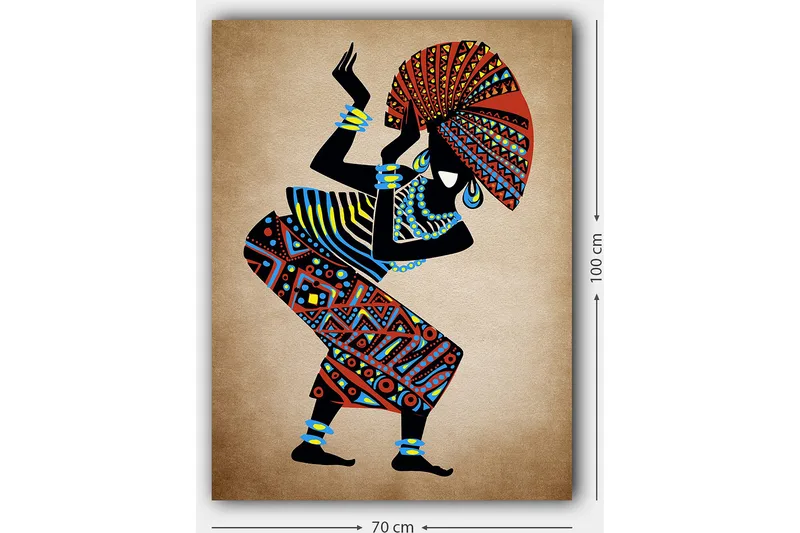 Lerretsbilde 70x100 cm - Stilisert kvinne i tradisjonelle klær som danser med en stor hatt - Rød / Blå / Svart - Innredning - Bilder & kunst - Lerretsbilder