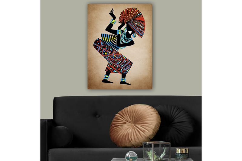 Lerretsbilde 70x100 cm - Stilisert kvinne i tradisjonelle klær som danser med en stor hatt - Rød / Blå / Svart - Innredning - Bilder & kunst - Lerretsbilder