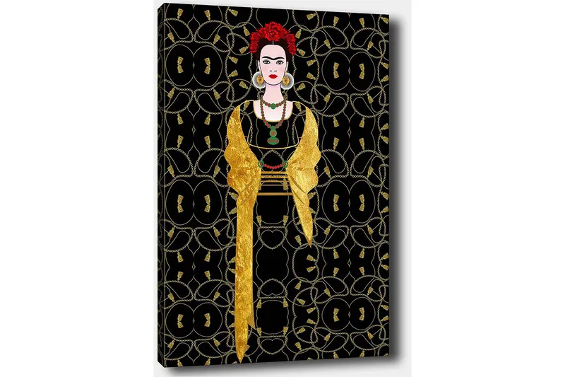 Lerretsbilde 70x100 cm - Stilisert kvinne kledd i svart og gull med rød blomst i håret - Svart / Gull / Rød - Innredning - Bilder & kunst - Lerretsbilder