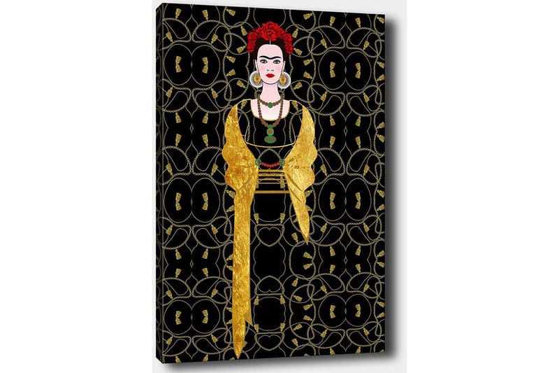 Lerretsbilde 70x100 cm - Stilisert kvinne kledd i svart og gull med rød blomst i håret - Svart / Gull / Rød - Innredning - Bilder & kunst - Lerretsbilder
