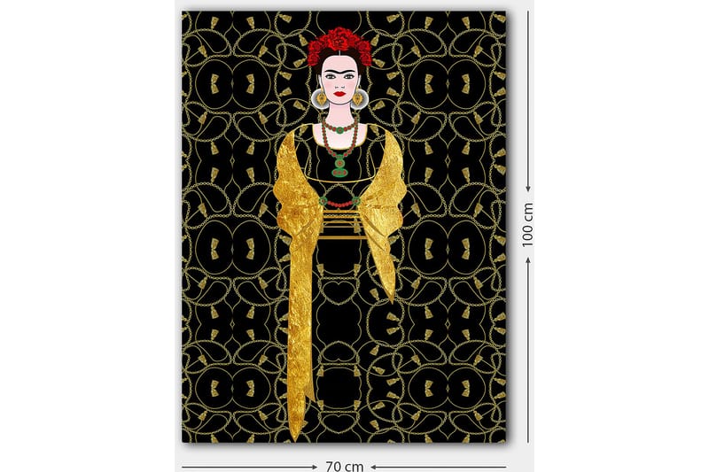 Lerretsbilde 70x100 cm - Stilisert kvinne kledd i svart og gull med rød blomst i håret - Svart / Gull / Rød - Innredning - Bilder & kunst - Lerretsbilder