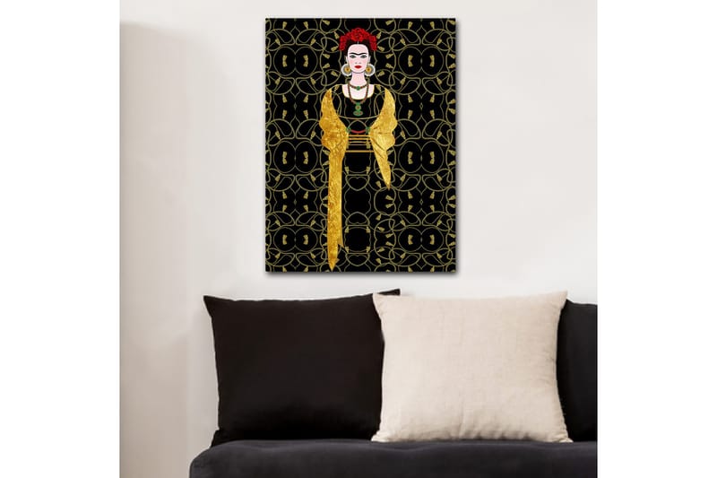 Lerretsbilde 70x100 cm - Stilisert kvinne kledd i svart og gull med rød blomst i håret, Svart / Gull / Rød