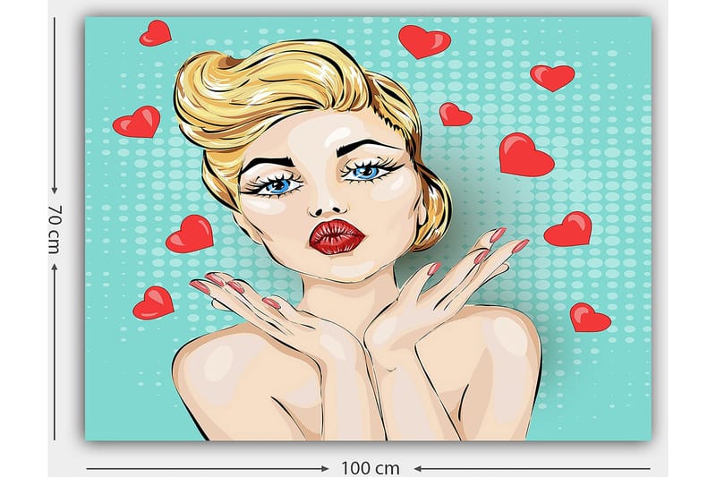 Lerretsbilde 70x100 cm - Stilisert kvinne med blondt hår og røde lepper som gir et kyss med hjerter rundt seg - Lys blå / Rød / Beige - Innredning - Bilder & kunst - Lerretsbilder