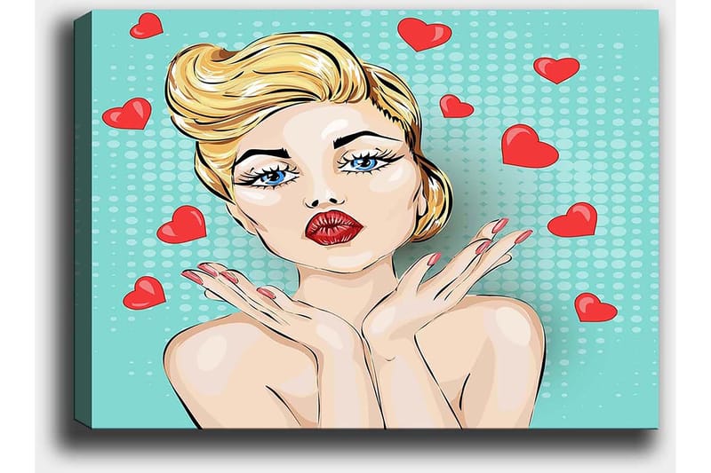 Lerretsbilde 70x100 cm - Stilisert kvinne med blondt hår og røde lepper som gir et kyss med hjerter rundt seg - Lys blå / Rød / Beige - Innredning - Bilder & kunst - Lerretsbilder