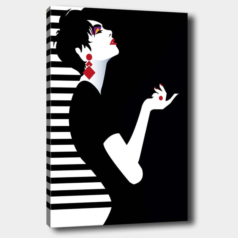 Lerretsbilde 70x100 cm - Stilisert kvinne med elegant holdning og dramatiske smykker - Svart / Hvit / Rød - Innredning - Bilder & kunst - Lerretsbilder