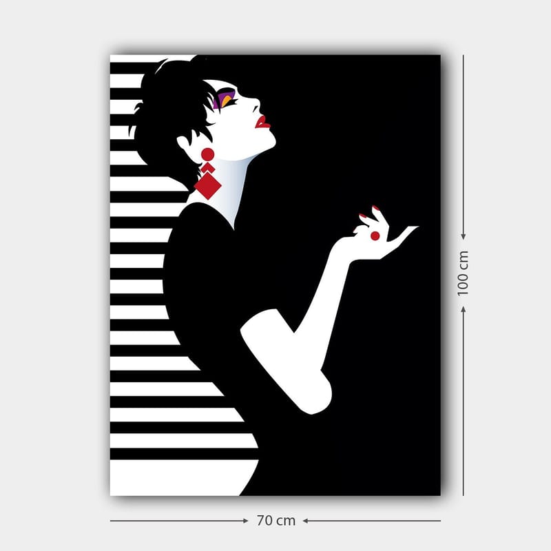 Lerretsbilde 70x100 cm - Stilisert kvinne med elegant holdning og dramatiske smykker - Svart / Hvit / Rød - Innredning - Bilder & kunst - Lerretsbilder