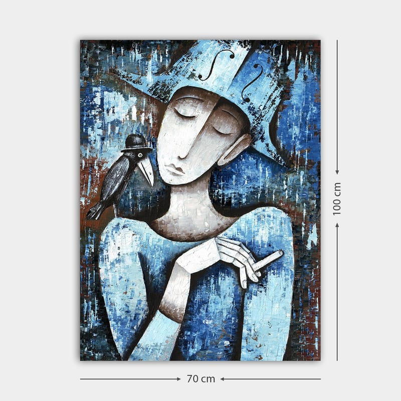 Lerretsbilde 70x100 cm - Stilisert kvinne med en svart fugl på skulderen, kledd i blått og hvitt - Blå / Hvit / Svart - Innredning - Bilder & kunst - Lerretsbilder