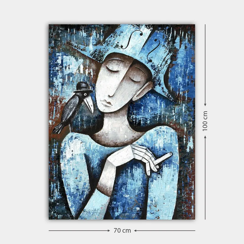 Lerretsbilde 70x100 cm - Stilisert kvinne med en svart fugl på skulderen, kledd i blått og hvitt - Blå / Hvit / Svart - Innredning - Bilder & kunst - Lerretsbilder