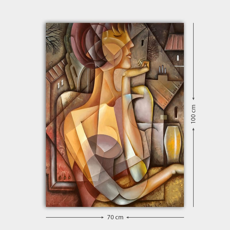Lerretsbilde 70x100 cm - Stilisert kvinne med et mykt og harmonisk utseende i en abstrakt komposisjon - Beige / Brun / Terrakotta - Innredning - Bilder & kunst - Lerretsbilder