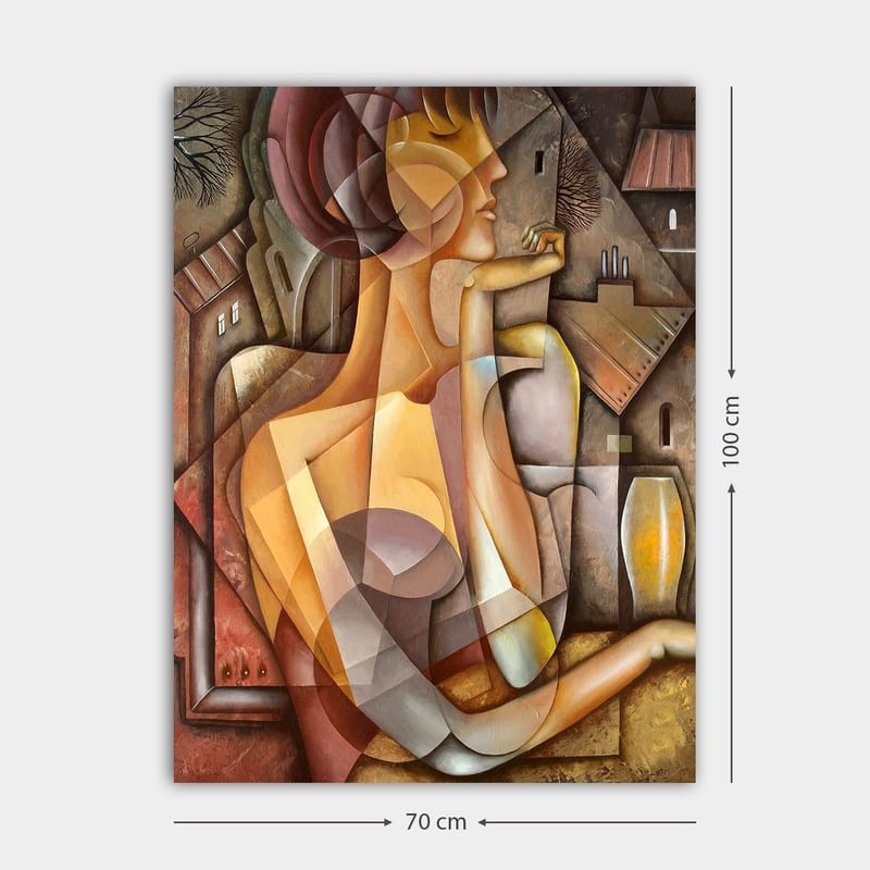 Lerretsbilde 70x100 cm - Stilisert kvinne med et mykt og harmonisk utseende i en abstrakt komposisjon - Beige / Brun / Terrakotta - Innredning - Bilder & kunst - Lerretsbilder