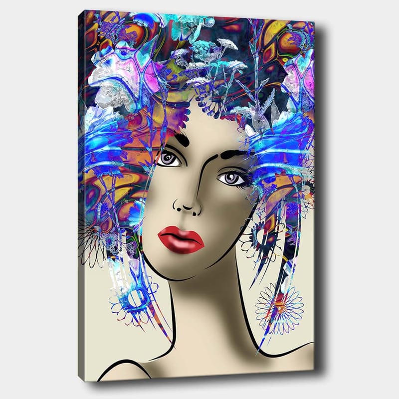 Lerretsbilde 70x100 cm - Stilisert kvinne med fargerik blomsterkrans i håret, Blå / Rød / Lilla