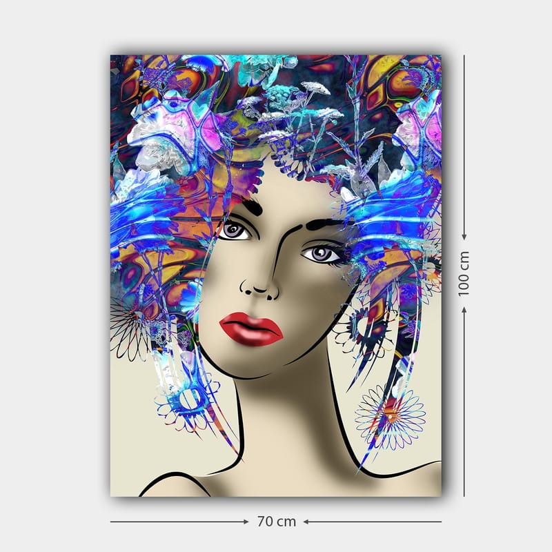 Lerretsbilde 70x100 cm - Stilisert kvinne med fargerik blomsterkrans i håret - Blå / Rød / Lilla - Innredning - Bilder & kunst - Lerretsbilder