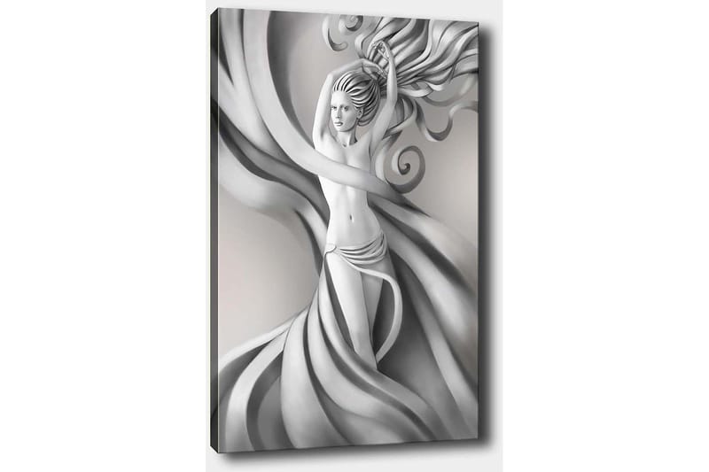 Lerretsbilde 70x100 cm - Stilisert kvinne med flagrende hår og klær i gråtoner, som uttrykker bevegelse og eleganse - Grå / Svart / Hvit - Innredning - Bilder & kunst - Lerretsbilder