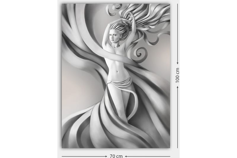 Lerretsbilde 70x100 cm - Stilisert kvinne med flagrende hår og klær i gråtoner, som uttrykker bevegelse og eleganse - Grå / Svart / Hvit - Innredning - Bilder & kunst - Lerretsbilder